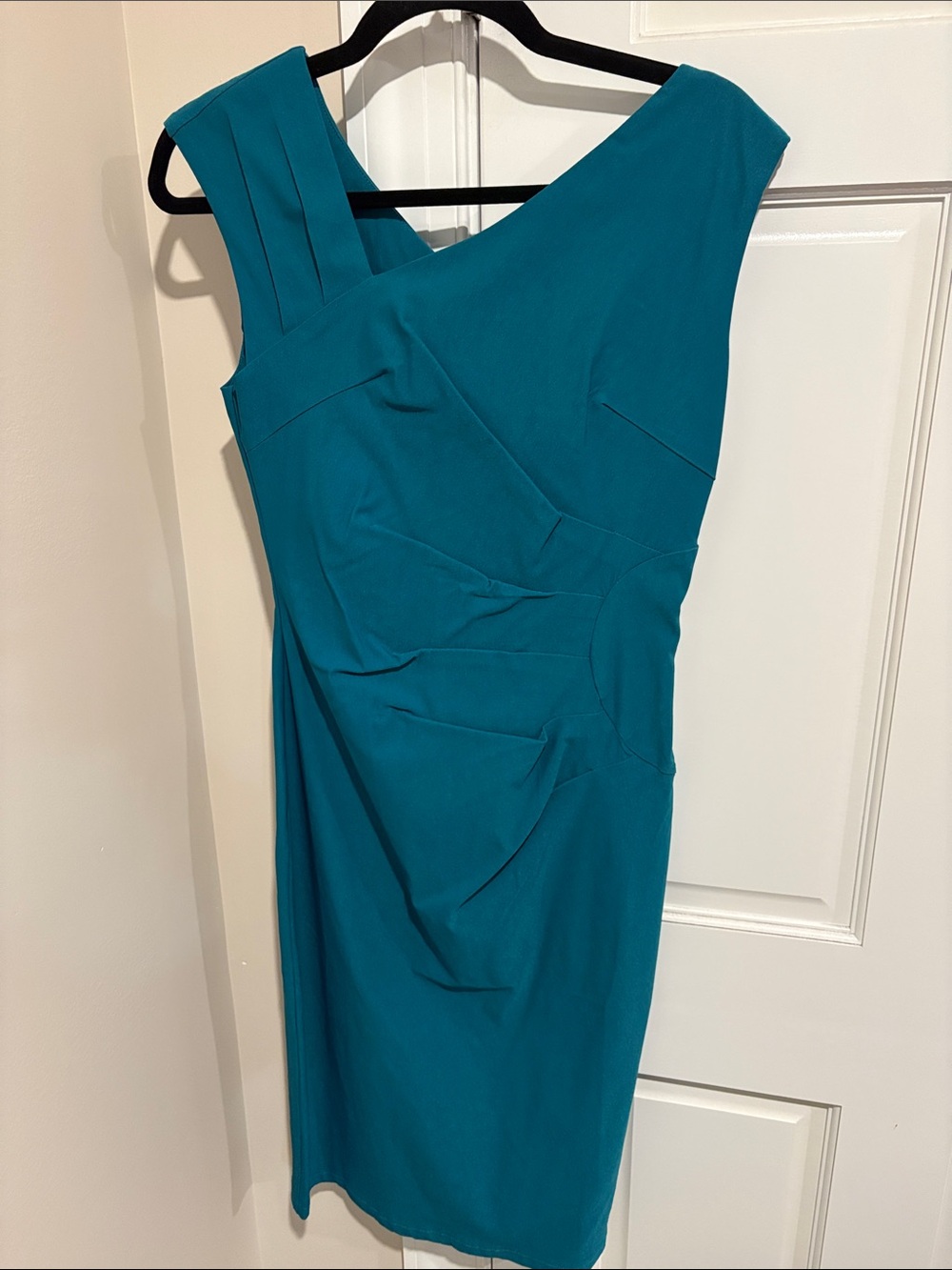 One-Shoulder Teal Midi Dress with Draped Detail